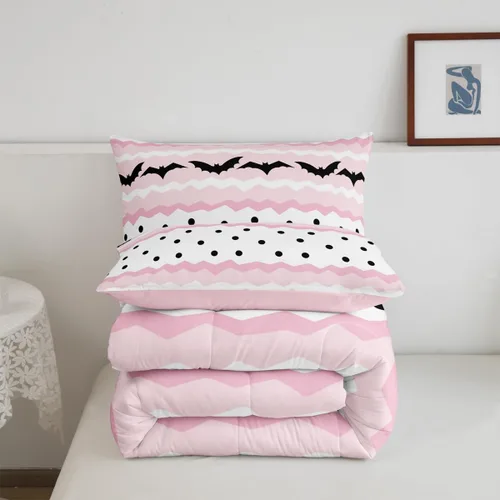 Vista 5 de Lindo juego de edredón de murciélago tamaño Queen con diseño de animales de Feliz Halloween, 3 piezas para decoración de habitación de niños