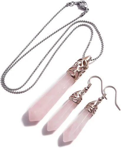 Vista 14 de AD Beads - Juego de colgante y aretes con piedras preciosas naturales hexagonales con punta, chakra Reiki Negro ágata