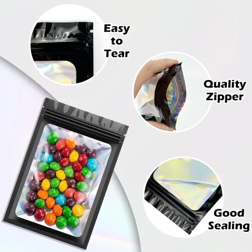 Vista 4 de 300 bolsas holográficas de mylar, 3 tamaños, bolsas a prueba de olores con ventana transparente, bolsas de papel de aluminio resellables