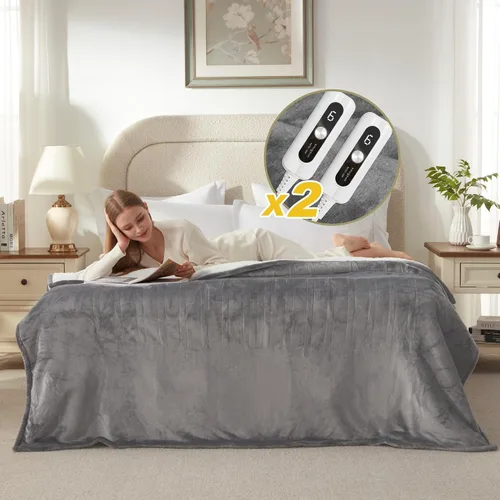 Vista 7 de Manta térmica de sherpa de doble cara, manta eléctrica de calefacción suave para cama, sistema de seguridad automático, 6 niveles de calefacción y 4