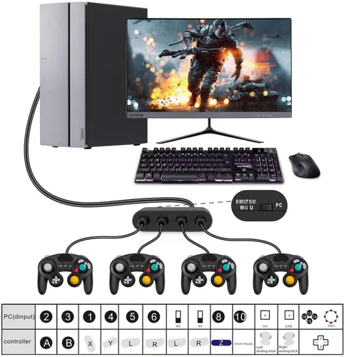 Vista 5 de Y Team Adaptador de controlador para Gamecube compatible con Nintendo Switch Super Smash Bros Switch Gamecube Adaptador para WII UPC con 4 puertos