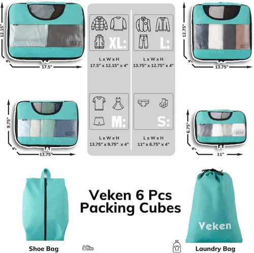 Vista 2 de 6 Set Packing Cubes for Suitcases, Travel Organizer Bags for Carry on Luggage, Veken Suitcase Organizer Bags Set for Travel Essentials Travel