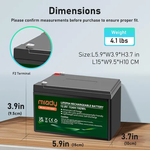 Vista 2 de Miady Batería LiFePO4 de litio de 12 V 15 Ah, batería recargable de ciclo profundo de más de 3000 para UPS pequeños, buscador de peces, ruedas