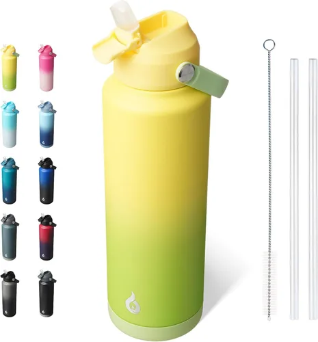 Vista 52 de BJPKPK - Botella de agua aislada con tapa de popote, 532 ml Botellas termo con boquilla suave, asa flexible y base antideslizante, libre de BPA, a
