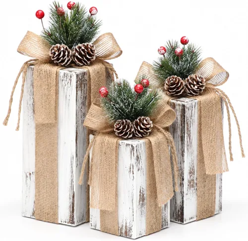 Vista 12 de Amyhill 3 piezas de caja de regalo de madera de Navidad, decoración de cuadros de Navidad, centros de mesa, regalos de madera rústica, decoración