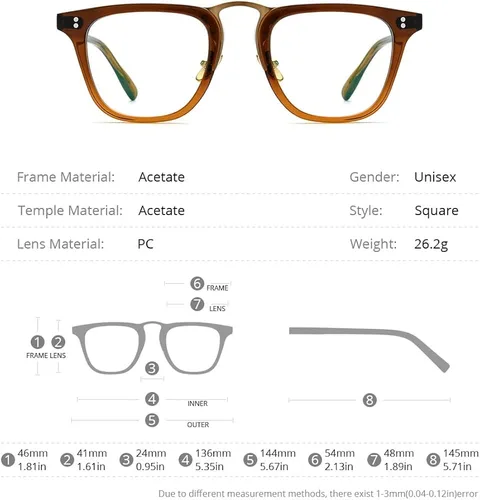 Vista 7 de HEPIDEM Marco de gafas de acetato para mujer, gafas cuadradas vintage para hombre, gafas ópticas
