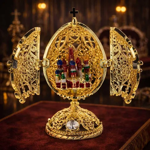 Vista 2 de BestPysanky Estatuilla dorada de huevo de Pascua de la iglesia ortodoxa Bejeweled