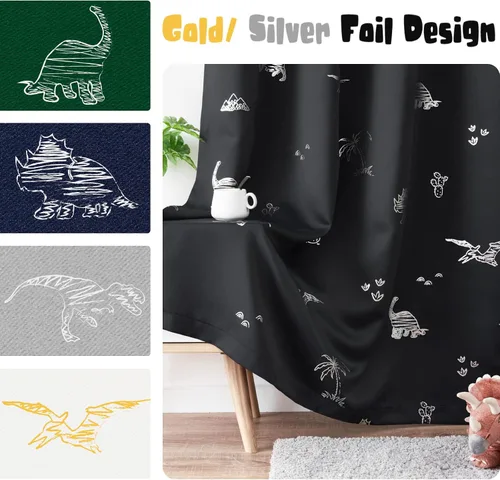 Vista 7 de Vangao - Cortinas para niños con impresión de dinosaurio en negro, cortinas opacas para guardería, habitación de niñas y niños, estampado plateado