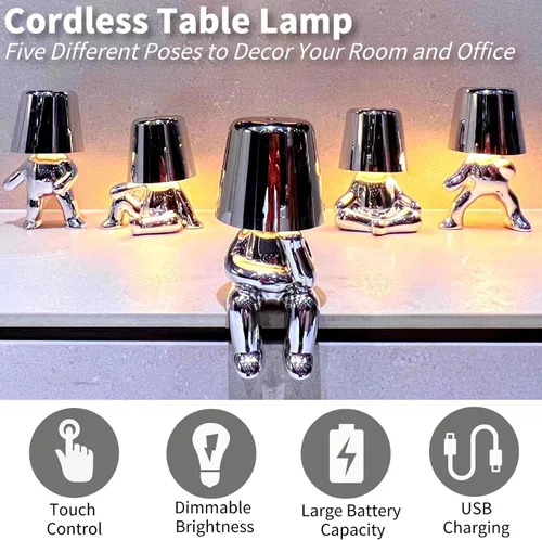 Vista 4 de Thinker Lamp Collection - Lámpara de mesa inalámbrica con estatua de señor plateado, bonita lámpara de escritorio, funciona con pilas, regulable