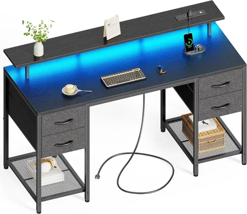 Vista 18 de Huuger Escritorio para computadora de 47 pulgadas con 4 cajones, escritorio para juegos con luces LED y tomas de corriente, escritorio de oficina