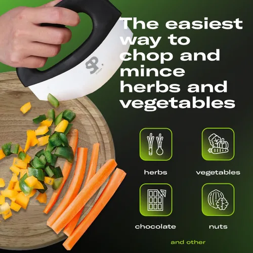 Vista 3 de Cuchillo picador de ensalada Mezzaluna de acero inoxidable, picadora de hierbas de doble hoja con cubierta protectora y asas ergonómicas para cortar