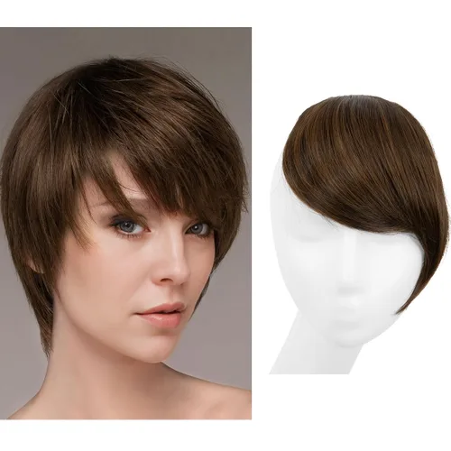 Vista 11 de SARLA Flequillo lateral negro marrón con clip en piezas de cabello sintético, extensión de flequillo recto para mujeres