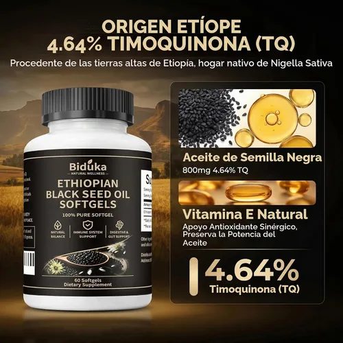 Vista 2 de Cápsulas de aceite de semilla negra etíope 100% pura, 800 mg, 60