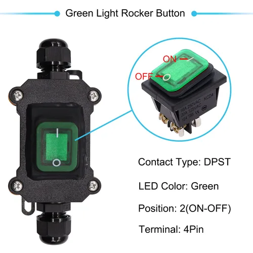 Vista 3 de IP67 Interruptor de línea impermeable en línea 16A/250V 20A/125V CA DPST de 4 pines, 2 posiciones, interruptor de palanca exterior con botón de Verde