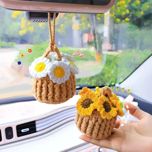 Vista 3 de WAYUTO Ramo de ganchillo de algodón con cesta, tejido artificial hecho a mano, simulación de flores, para tejer, ramo de flores falsas, decoración