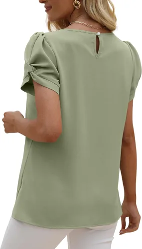 Vista 3 de Saloogoe Blusas de gasa para mujer, de manga corta, plisadas, cuello redondo, manga abombada
