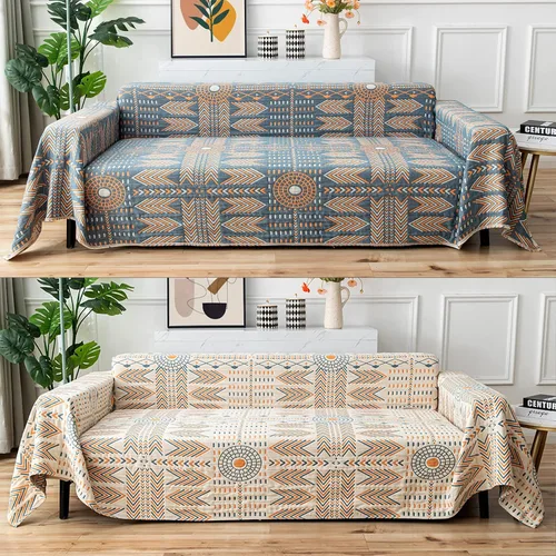 Vista 3 de Funda de sofá de algodón lavable, reversible, estilo bohemio, con diseño de jacquard geométrico, protector de muebles multiusos para sofá seccional