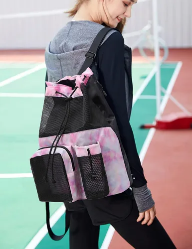 Vista 2 de Lohol Mochila grande de malla con cordón y bolsa para zapatos, saco de natación duradero con asa para deportes, gimnasio, yoga, playa, viajes