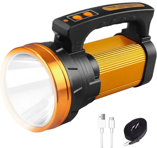 Vista 8 de Linterna recargable de 1200 lm, linterna de mano impermeable IP67 con 3400 mAh, 30 horas de funcionamiento, salida USB, foco LED con correa