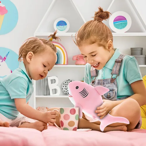 Vista 5 de DolliBu Peluche suave de tiburón rosa para bebé, peluche de tiburón de peluche para niños y niñas, juguetes de animales marinos y regalos