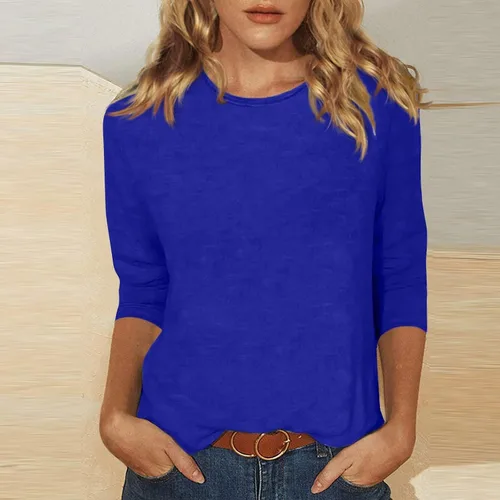 Vista 4 de Sudadera para mujer, suave, con estampado liso, manga 34, cuello redondo, de gran tamaño, camiseta básica tipo túnica