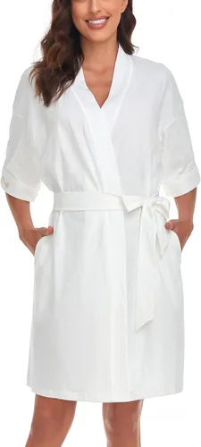 Vista 93 de COLORFULLEAF Bata de baño de manga corta para mujer, 100% algodón, longitud hasta la rodilla, con bolsillos
