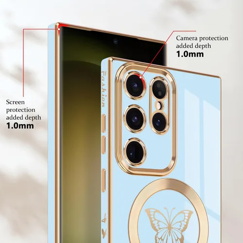 Vista 4 de Funda magnética para Samsung Galaxy S23 Ultra 5G, bonita funda de lujo con borde chapado de mariposa para mujeres, niñas y hombres, TPU suave, a