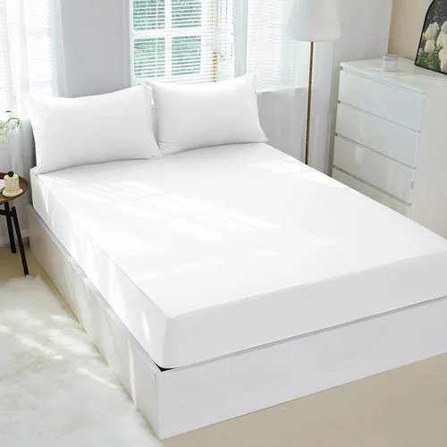 Vista 6 de Juego de sábana bajera ajustable con fundas de almohada, 100% viscosa derivada de bambú, sábana bajera refrescante de 400 hilos para personas que