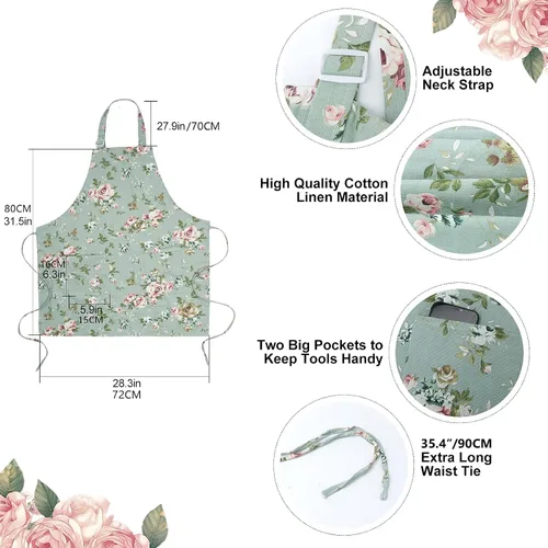 Vista 7 de Delantales florales para mujer, paquete de 2 delantales de cocina con bolsillos para cocinar, hornear, delantal de jardinería, regalos