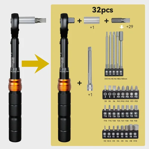 Vista 5 de Juego de llaves dinamométricas para bicicleta, kit de herramientas de bicicleta de 32 piezas, llave dinamométrica de clic de 1/4 pulgadas y juego