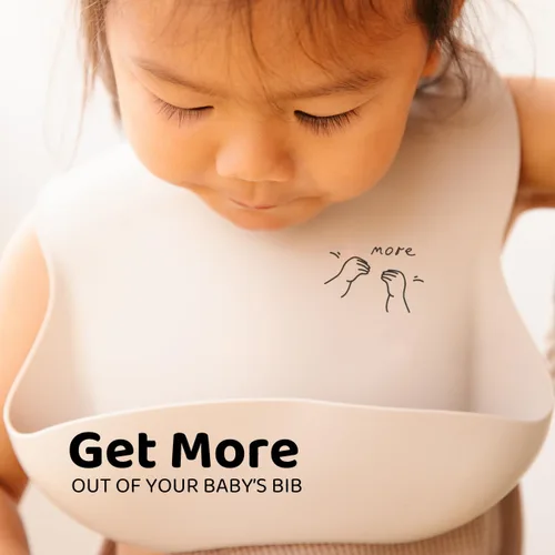 Vista 2 de APLAINR Babero de lenguaje de señas para bebé, baberos de silicona para bebés, gráficos ASL, atrapador de alimentos, ajustable, impermeable, suave