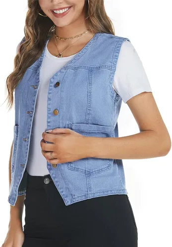 Vista 5 de Kedera Chaleco de mezclilla sin mangas para mujer, cuello en V, abotonado, ligero, chaqueta de mezclilla