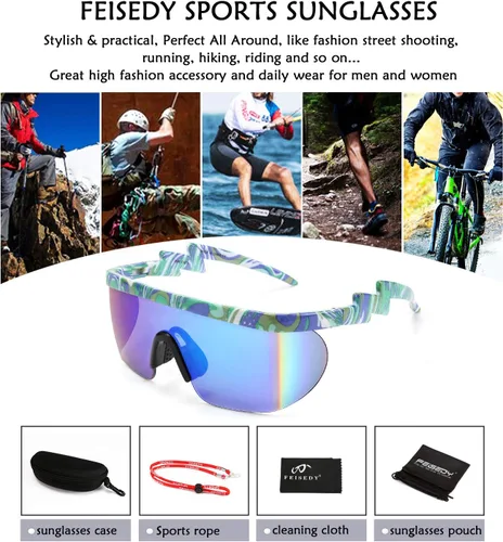 Vista 6 de FEISEDY De Gran Tamaño Espejo Escudo Deporte 80s Gafas De Esquí Gafas De Esquí Parte Superior Plana De Una Pieza Visera Futurista Mujeres Hombres