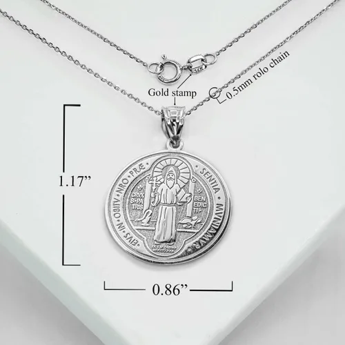Vista 3 de Medalla De San Benito Saint St Benedict - Collar con colgante de moneda de oro blanco de 10 quilates con cadena Rolo y colgante solamente