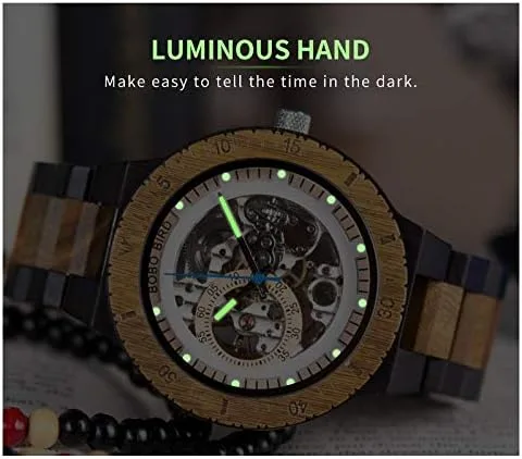Vista 4 de BOBO BIRD Reloj mecánico automático de madera para hombre, personalizable, reloj de pulsera de madera de lujo para hombre