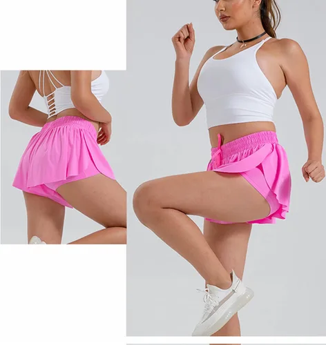 Vista 3 de JWFORIDY Pantalones cortos deportivos fluidos para mujer, 2 en 1, pantalones cortos de mariposa, faldas de cintura alta, pantalones cortos