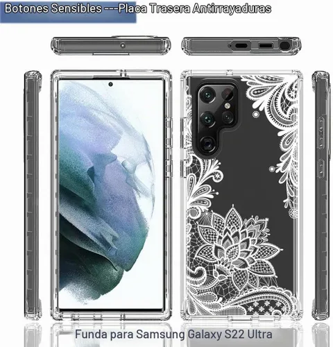Vista 5 de Funda para Galaxy S22 Ultra 5G SM-S908U con protector de pantalla de vidrio templado, bonito patrón de mandala transparente, funda protectora