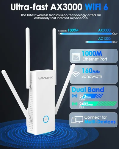 Vista 2 de WAVLINK Extensor WiFi 6 AX3000 - Extensor de Internet Amplificador WiFi con 5 Antenas de Alta Ganancia y Beamforming, Cobertura de Banda Dual
