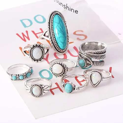 Vista 3 de Juego de anillos bohemios de turquesa para mujer, anillos apilables vintage para nudillos, anillos ovalados con piedras preciosas de piedra gruesa