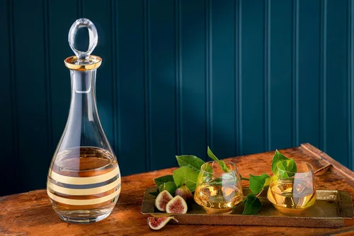 Vista 5 de Decantador de vino de cristal con tapón - jarra - para rojo - blanco - vino - diseño dorado a rayas - cristal de 48 onzas - Hecho en Europa - por