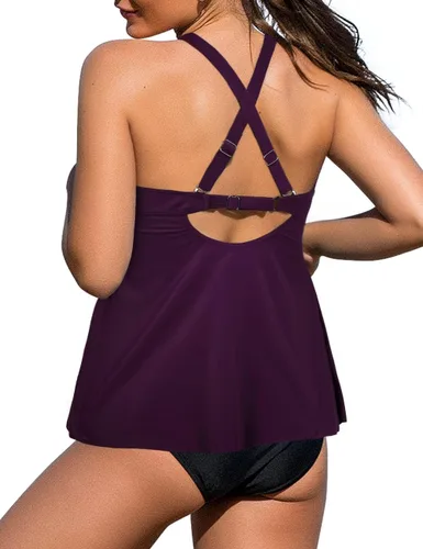 Vista 3 de Hilor Tankini para mujer, con cuello en V, con control de barriga, traje de baño con vuelo