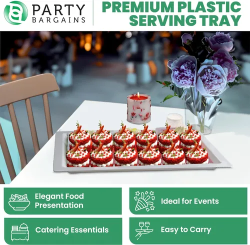 Vista 5 de PARTY BARGAINS Bandejas de plástico de 16 x 11 pulgadas, paquete de 4, bandejas desechables de plástico blanco, excelentes para bodas, bufés