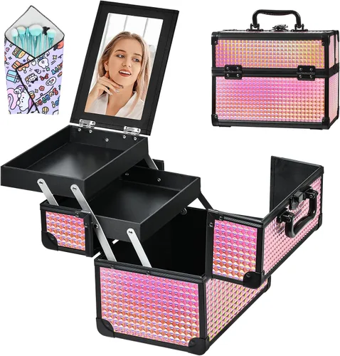 Vista 9 de Neceser de Tren de Maquillaje, Estuche de Maquillaje Portátil con Espejo, Organizador de Cosméticos de 2 Bandejas, Organizador de Esmalte de Uñas