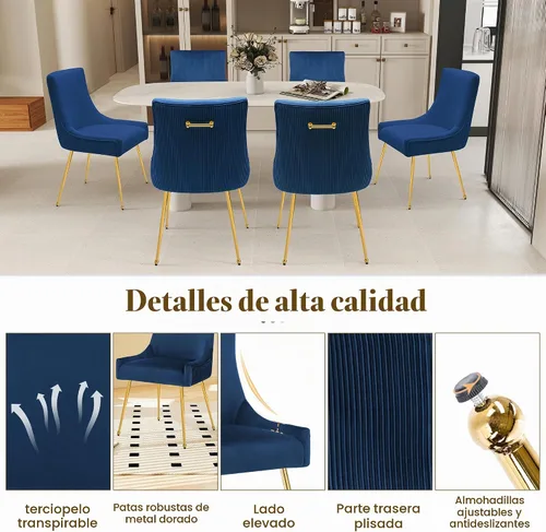 Vista 6 de adochr Juego de 2 sillas de comedor de terciopelo con patas de metal dorado 2-Azul oscuro