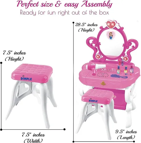 Vista 4 de Dimple Juego de tocador de princesa 2 en 1 con accesorios de maquillaje, sonidos de teclado de piano musical y luces intermitentes, secador de pelo