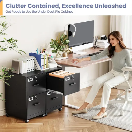 Vista 9 de Archivador de 2 cajones con cerradura, archivador vertical móvil para colgar carpetas tamaño A4/carta/legal, debajo del escritorio, pequeños