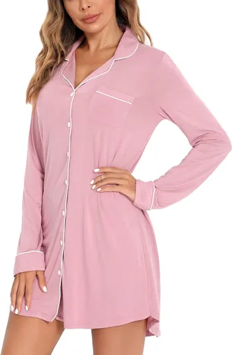 Vista 135 de Samring Camisón de pijama para mujer, manga corta/larga, con botones, camisón para dormir, camisón para novio, talla XXL