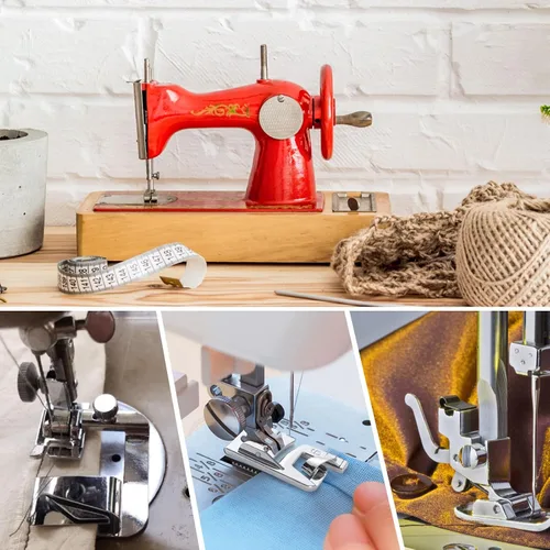 Vista 7 de 7 piezas de prensatelas de dobladillo enrollado, kit de pie de dobladillo para coser prensatelas enrolladas para máquina de coser multifuncional