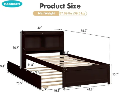 Vista 2 de Base de cama de tamaño individual con nido, cama de plataforma para dormitorio, marco de cama nido con cabecera de estantería para niños, niñas