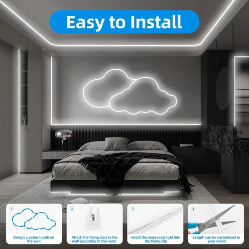 Vista 6 de Luz de Cuerda LED de Neón, 32.8 pies, color blanco frío, regulable, tiras de luces LED, tiras de luces de neón de silicona flexible impermeable DIY